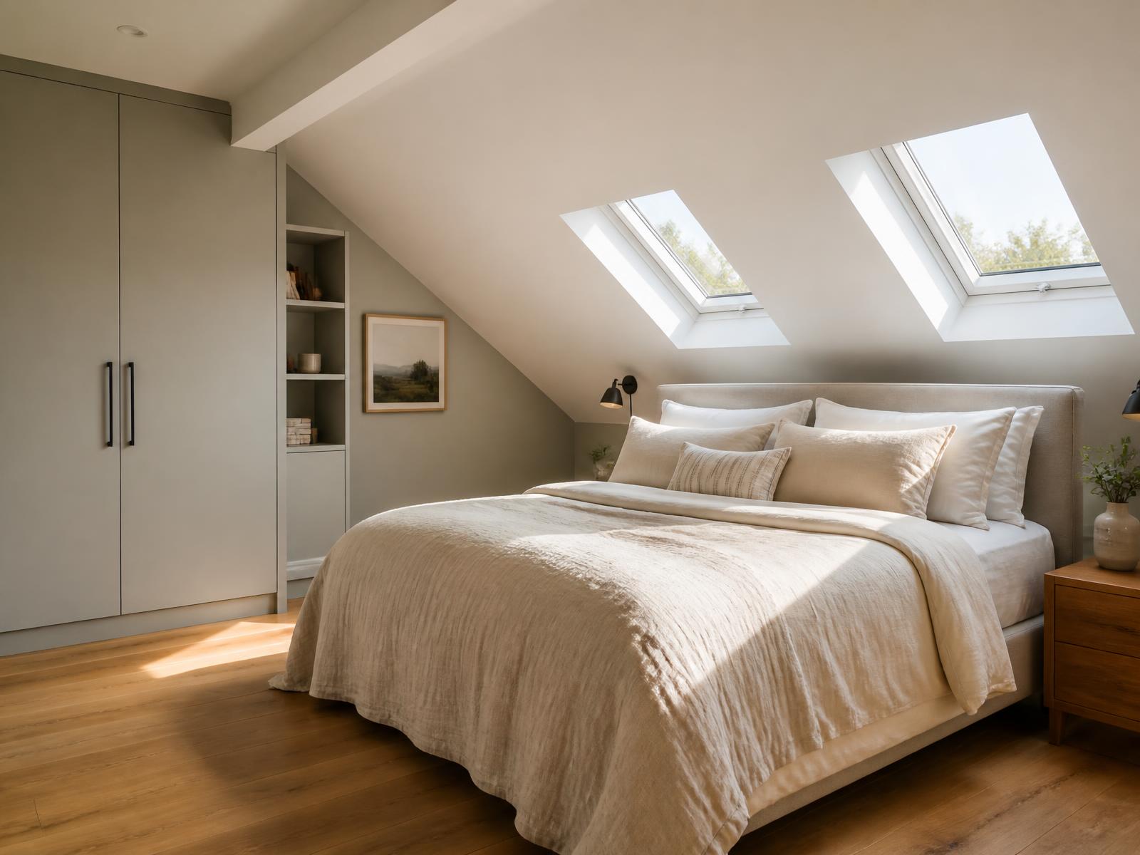 Completed loft conversion bedroom with sloping ceiling, roof windows and oak flooring
