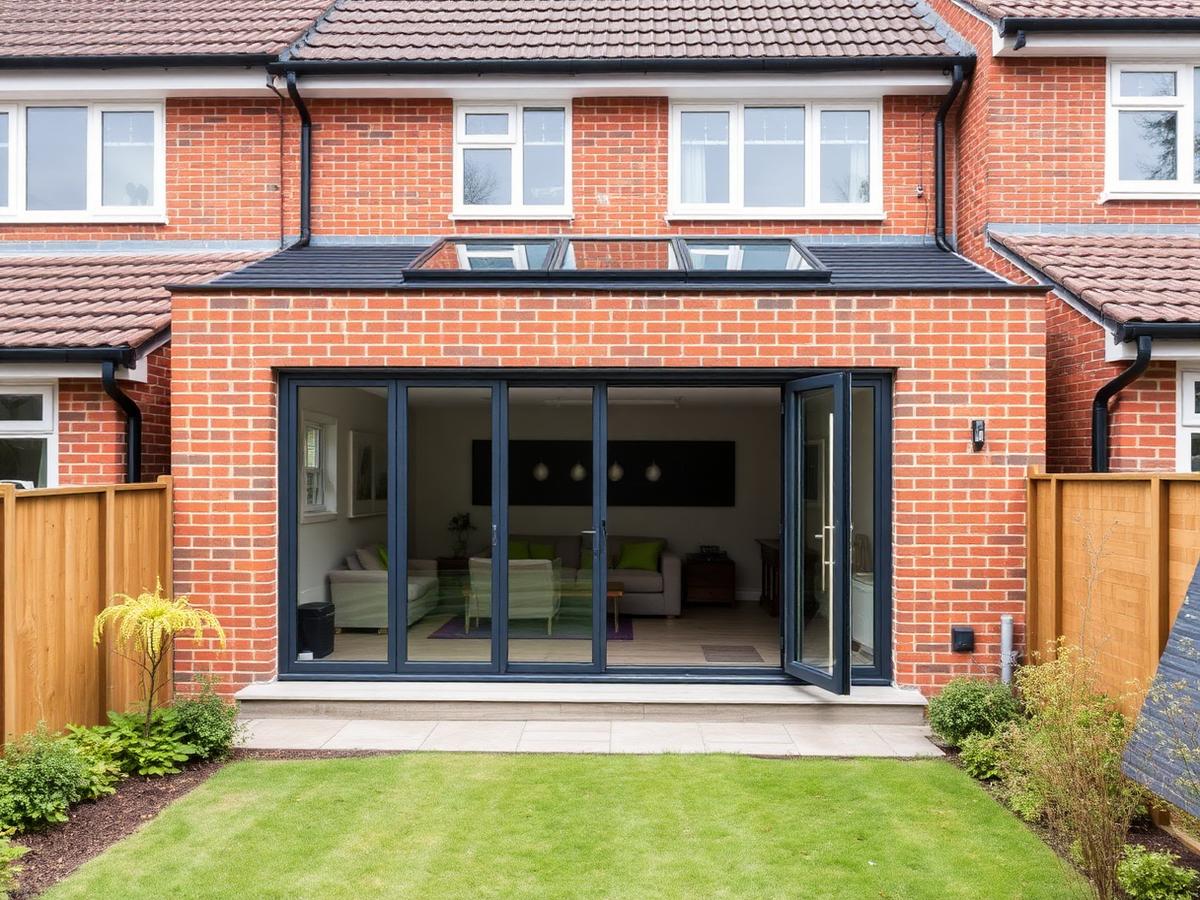 Modern rear extension with bifold doors on a British brick house