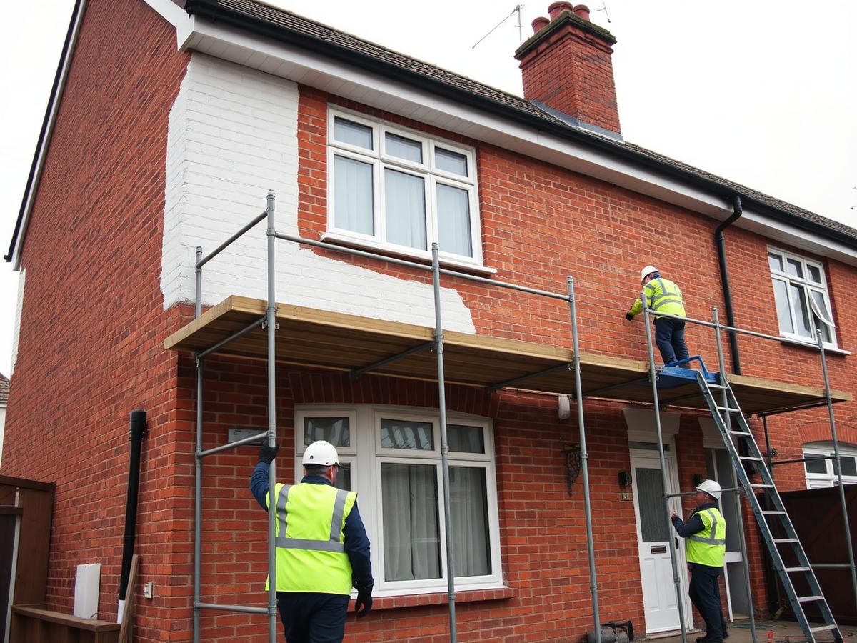Builders working from scaffolding on the exterior of a UK house