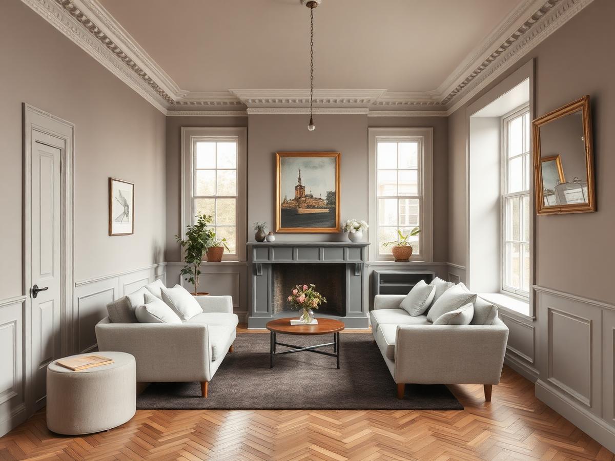 Refurbished period living room with restored cornicing and herringbone flooring