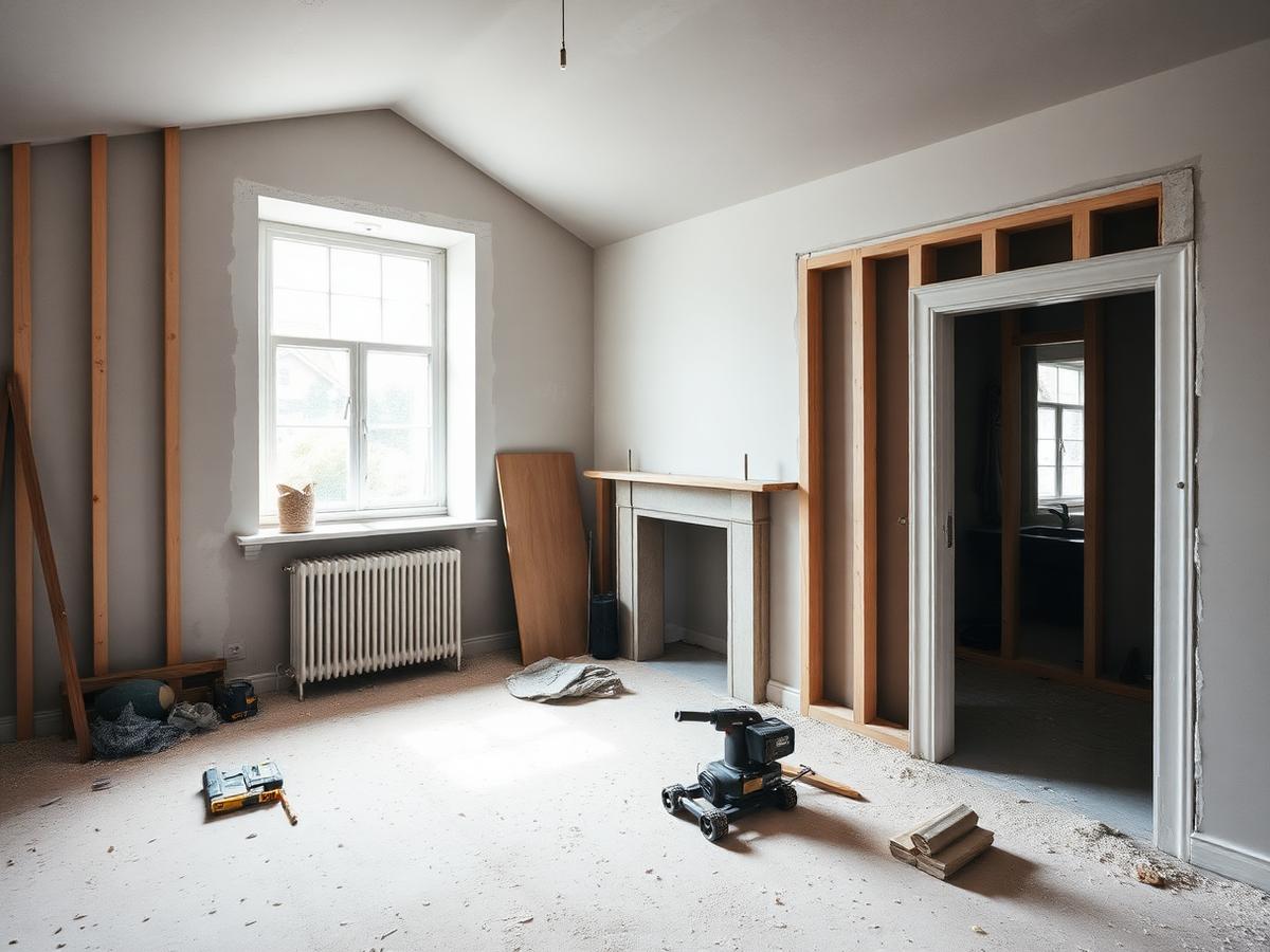 Room mid-renovation with new stud walls and fresh plaster