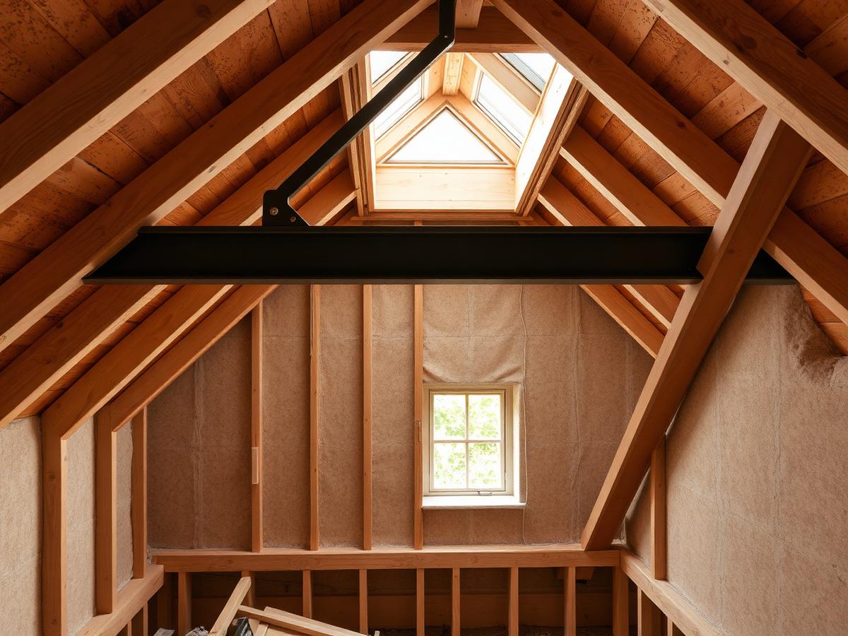 Attic mid-conversion with steel beam, timber framing and insulation