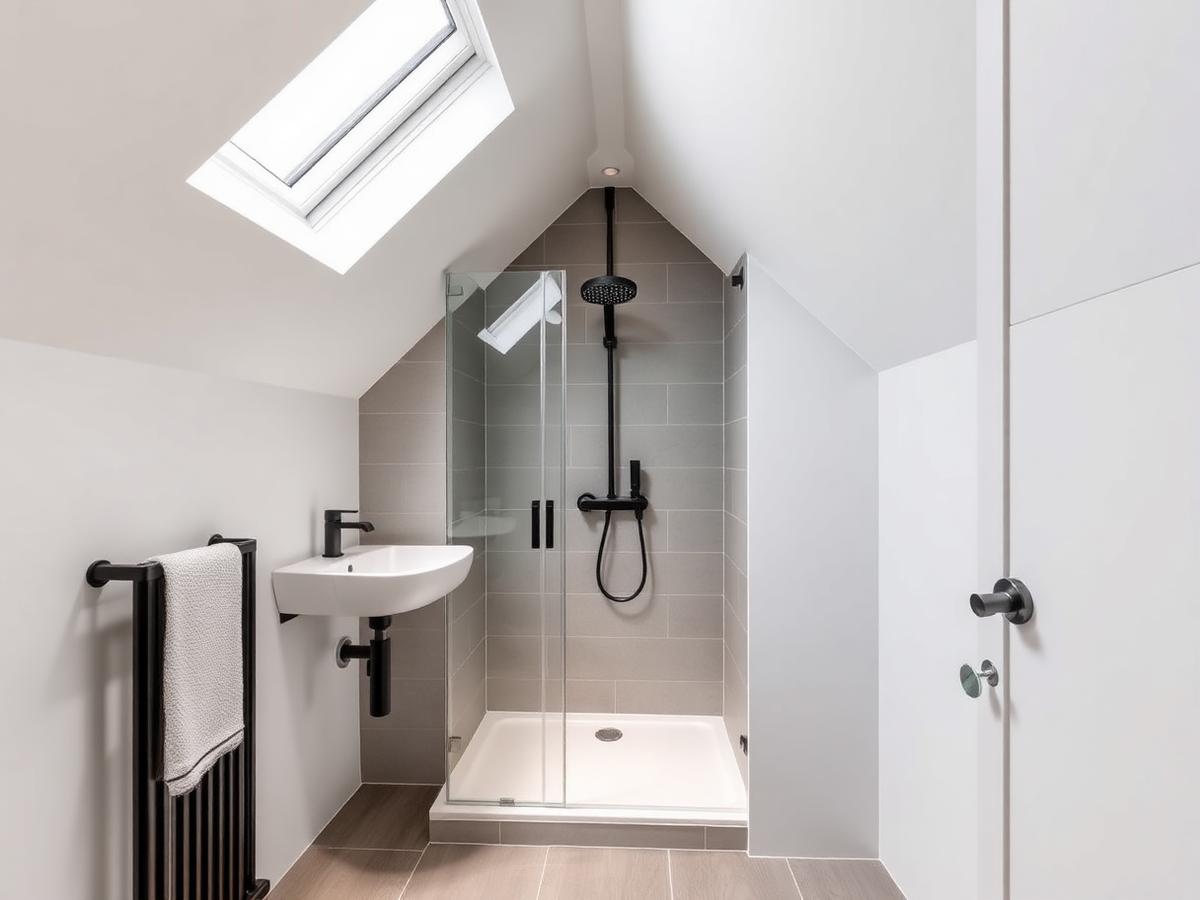 Compact loft en-suite with walk-in shower under a sloping ceiling