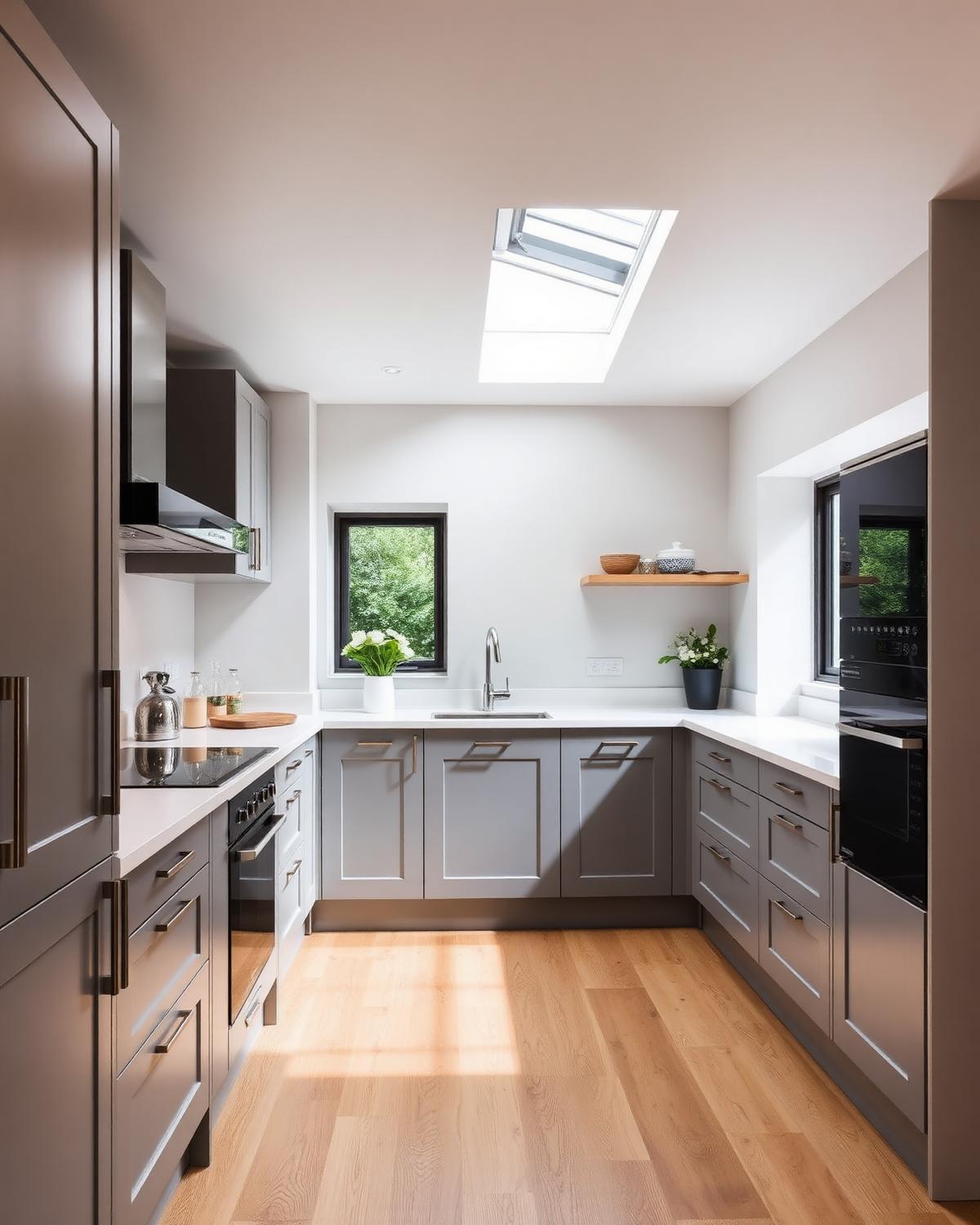 Refurbished modern kitchen with skylight and oak flooring