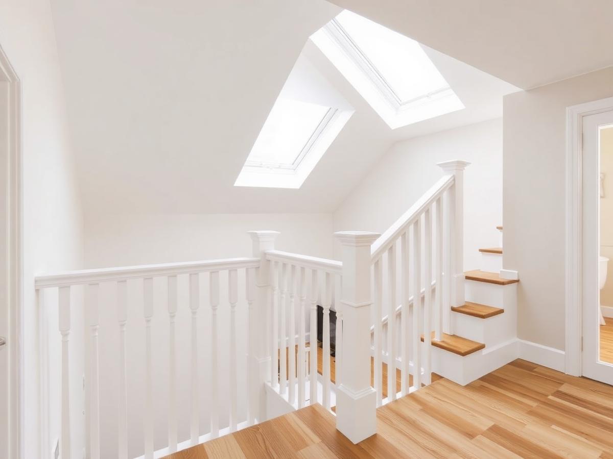 Newly finished loft landing with oak stair treads and a bright roof window